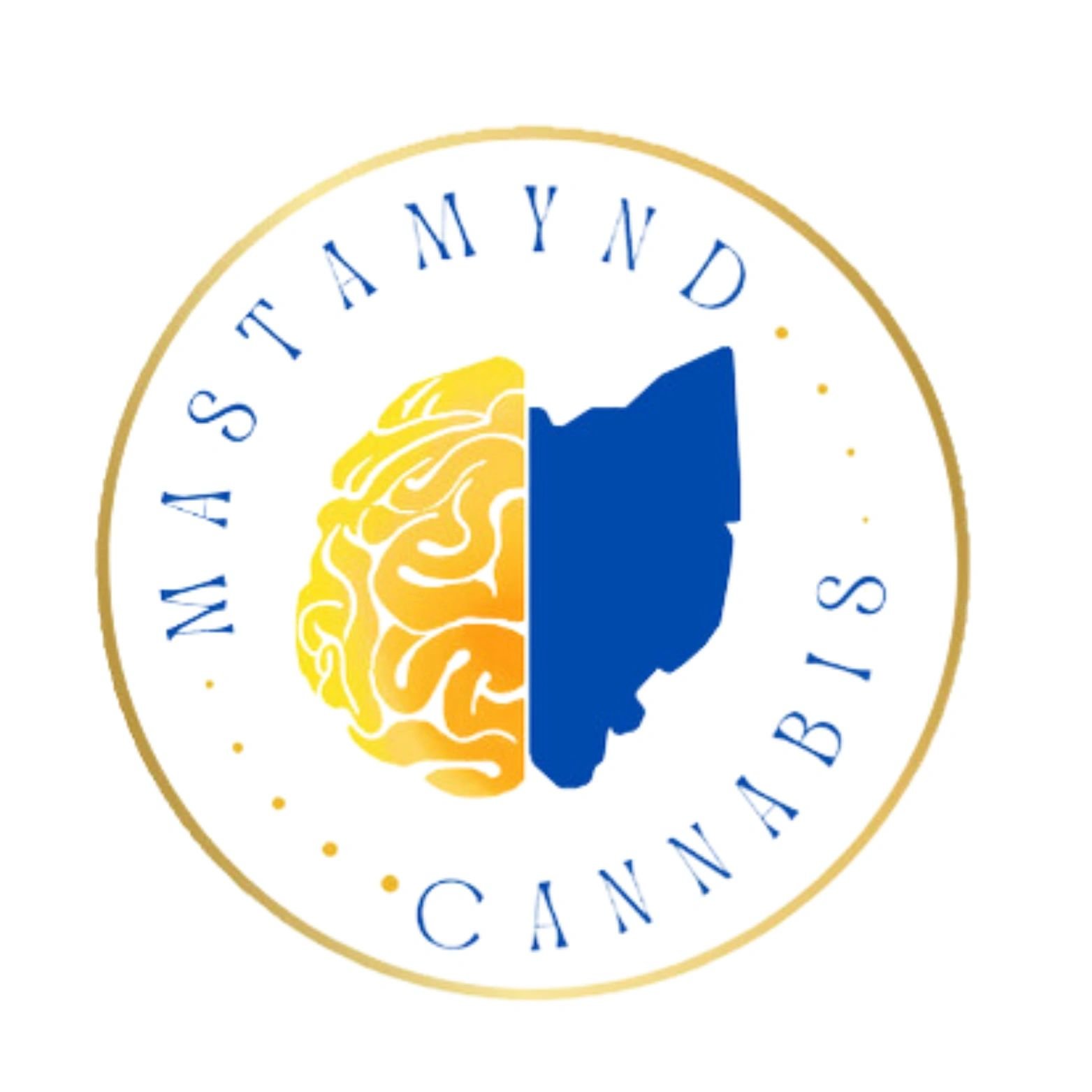 Mastamynd Cannabis logo: a gold brain and blue Ohio silhouette