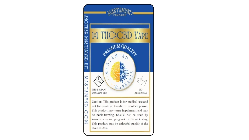 Original Mastamynd Cannabis blue and gold packaging artwork for a 1:1 THC:CBD vape